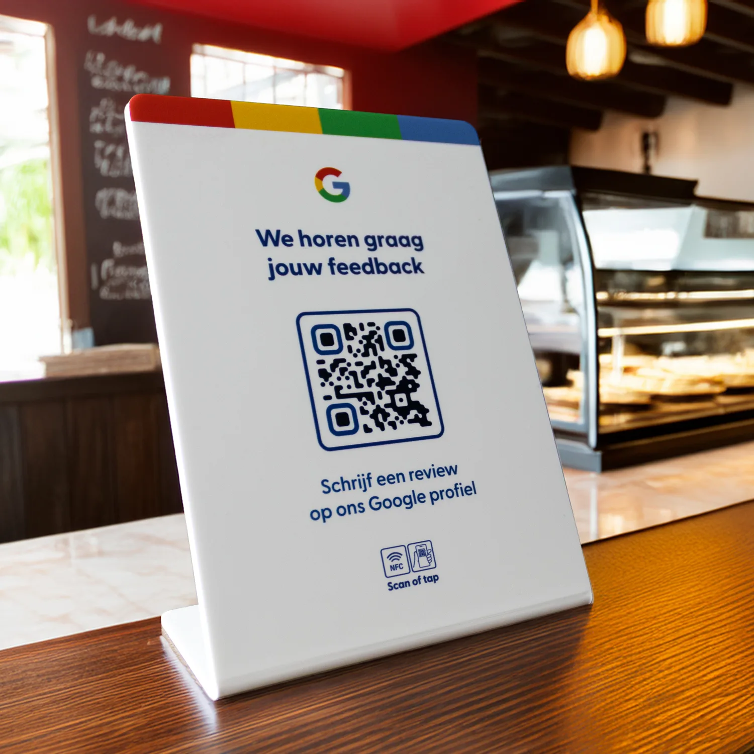 Google Review Toonbankdisplay XL – Met QR-Code én NFC — de voorkant